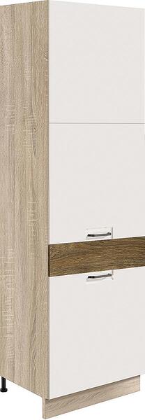 Колонен кухненски шкаф за вграден хладилник Фаворит бял гланц и дъб рибец с 2 врати 60 см