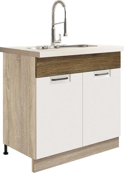 Долен кухненски шкаф за мивка Фаворит бял гланц и дъб рибец с 2 врати 80 см