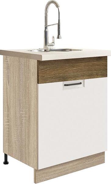 Долен кухненски шкаф за мивка Фаворит бял гланц и дъб рибец с 1 врата 60 см