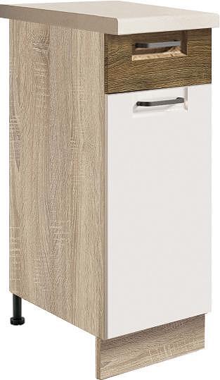 Долен кухненски шкаф Фаворит бял гланц и дъб рибец с 1 врата и 1 чекмедже 30 см