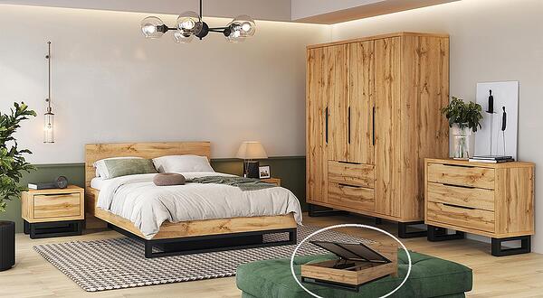 Спален комплект Хале с избор на размер на легло с повдигащ механизъм и гардероб с 4 врати и 2 чекмеджета с дължина 191 см дъб вотан
