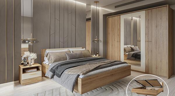 Спален комплект Вертина с избор на размер на легло с повдигащ механизъм и гардероб с 4 врати и огледало с дължина 228 см див дъб и пясъчно бежов мат