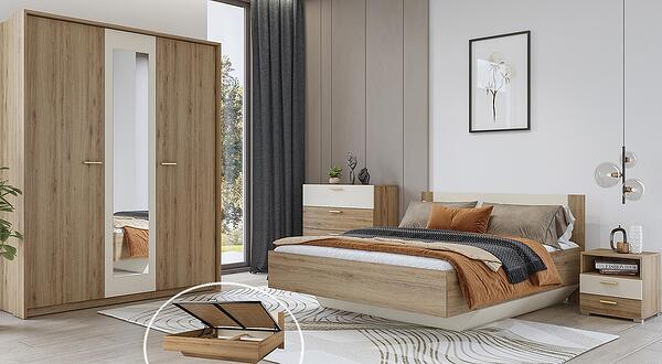 Спален комплект Вертина с избор на размер на легло с повдигащ механизъм и гардероб с 3 врати и огледало с дължина 179 см див дъб и пясъчно бежов мат