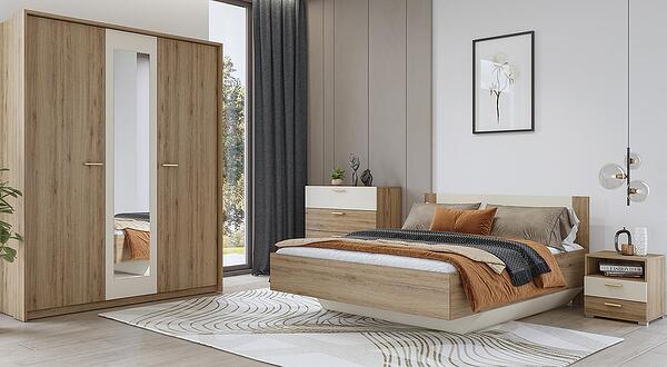 Спален комплект Вертина с избор на размер на легло и гардероб с 3 врати и огледало с дължина 179 см див дъб и пясъчно бежов мат
