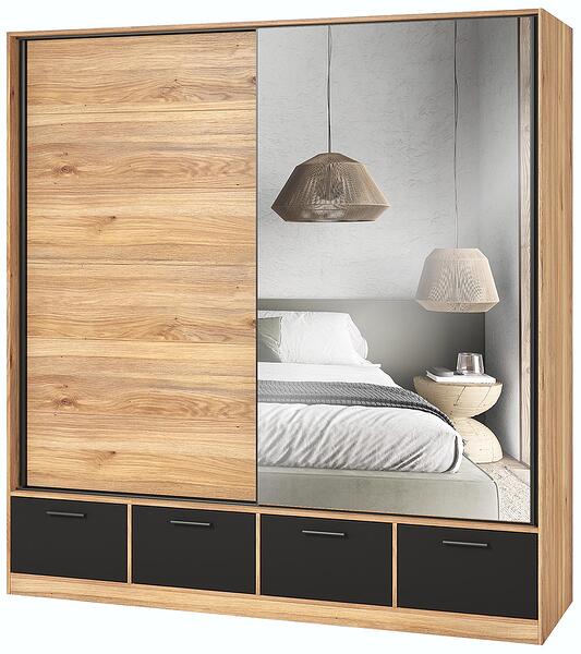 Гардероб Бета с 2 плъзгащи врати с огледало и 4 чекмеджета дъб маувела и черен мат с дължина 150 и 200 см