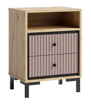 Нощно шкафче Пари с 2 чекмеджета и ниша дъб артизан и розов мат