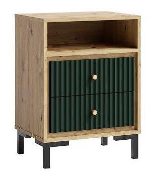 Нощно шкафче Пари с 2 чекмеджета и ниша дъб артизан и тъмно зелен мат