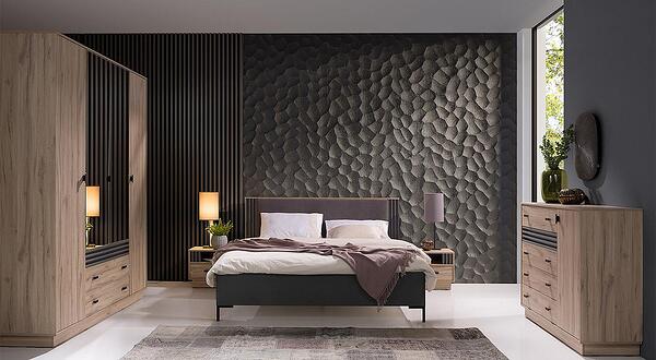 Спален комплект Алмо с гардероб с 4 врати, 2 чекмеджета и огледало дъб естана и антрацит мат