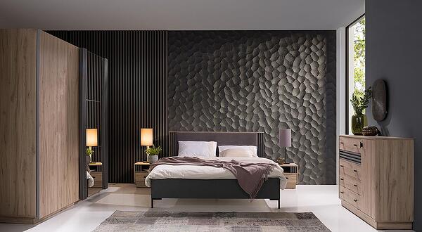 Спален комплект Алмо с гардероб с 2 плъзгащи врати и огледало дъб естана и антрацит мат