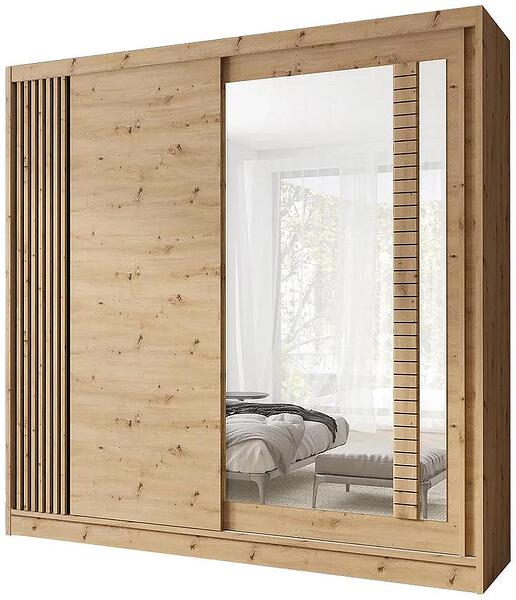 Гардероб Артиз с 2 плъзгащи врати и огледало дъб артизан и черен мат с дължина 200 см