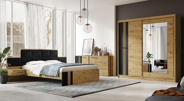 Спален комплект Молто дъб артизан и черен мат с избор на размер на гардероб