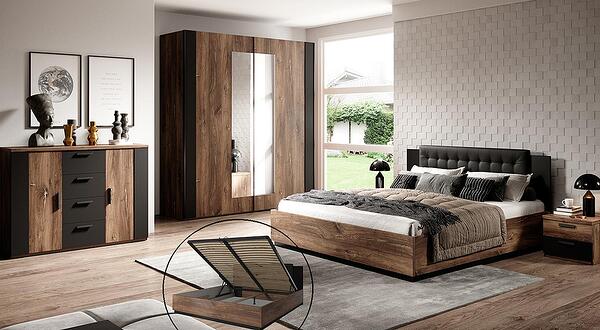 Спален комплект Сигма с легло с повдигащ механизъм дъб флагстаф с жълта нишка и черен мат