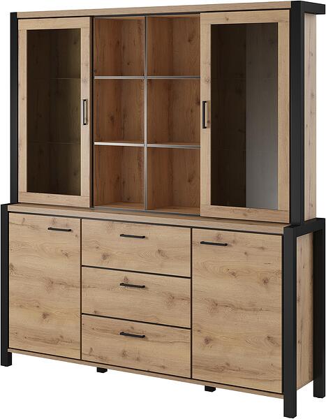 Бюфет Актив с 4 врати, 3 чекмеджета и 6 ниши дъб таурус и черен мат