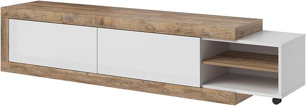 Тв шкаф Синтра с регулируема дължина 200-242 см с 2 клапващи врати и 2 ниши дъб самдал и бял гланц