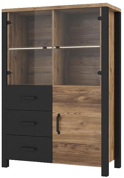 Витрина Олин с 3 врати и 3 чекмеджета апенцелски бор и черен мат