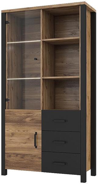 Витрина Олин с 2 врати, 3 чекмеджета и 3 ниши апенцелски бор и черен мат