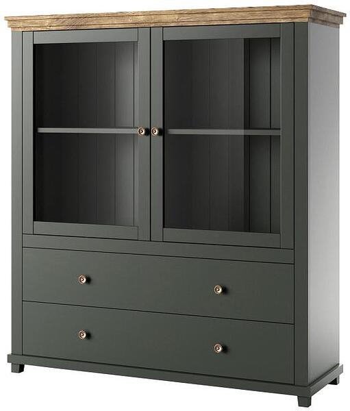 Висок комод Евора с 2 врати и 2 чекмеджета тъмно зелен мат и дъб лефкас