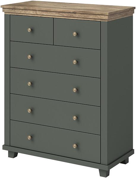 Скрин Евора с 6 чекмеджета тъмно зелен мат и дъб лефкас