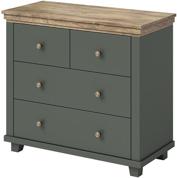 Скрин Евора с 4 чекмеджета тъмно зелен мат и дъб лефкас