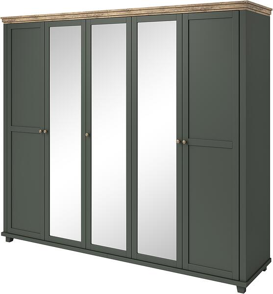 Гардероб Евора с 5 врати и огледало тъмно зелен мат и дъб лефкас с дължина 246 см