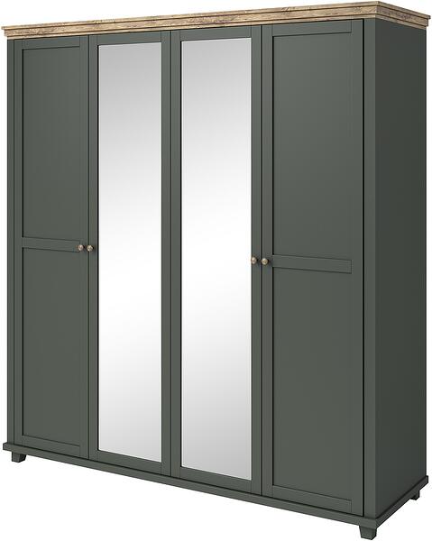 Гардероб Евора с 4 врати и огледало тъмно зелен мат и дъб лефкас с дължина 200 см