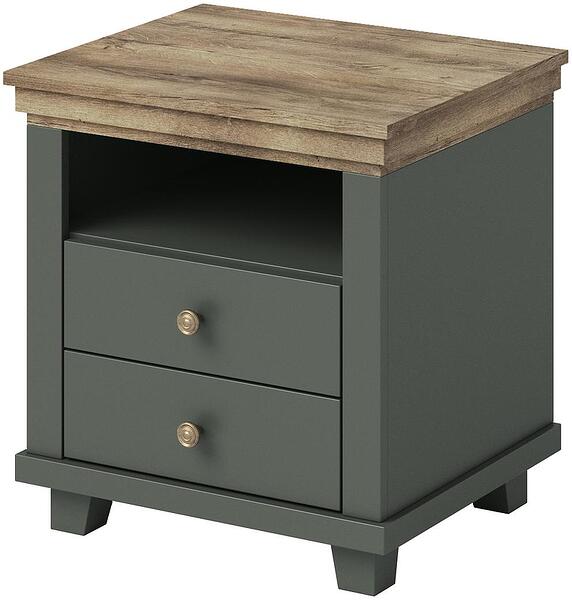 Нощно шкафче Евора с 2 чекмеджета и ниша тъмно зелен мат и дъб лефкас