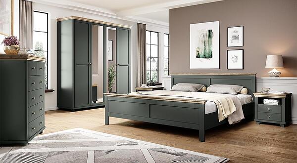 Спален комплект Евора тъмно зелен и дъб лефкас с избор на размер на легло и гардероб