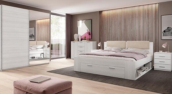 Спален комплект Галакси избелен ясен с избор на размер на легло и гардероб