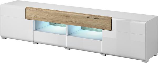 ТВ шкаф Толедо с 2 врати и 4 чекмеджета бял гланц и светъл дъб сан ремо с дължина 208 см
