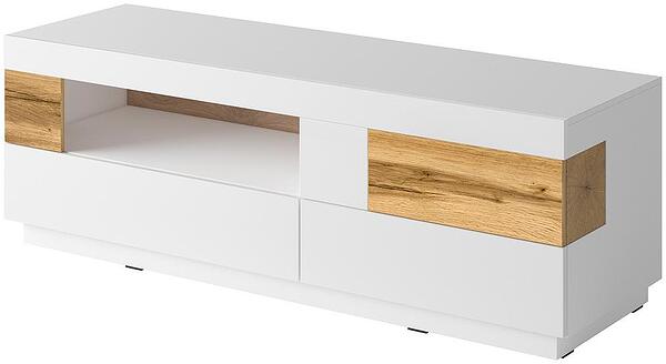 ТВ шкаф Силке с 2 чекмеджета и клапваща врата бял гланц и дъб вотан