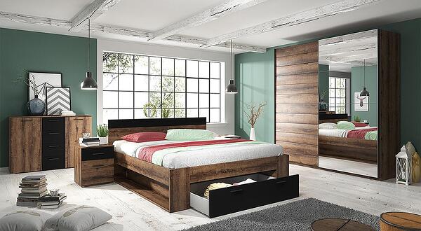 Спален комплект Бета манастирски дъб и черен мат с избор на размер на легло и гардероб