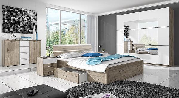 Спален комплект Бета светъл дъб сан ремо и бял мат с избор на размер на легло и гардероб