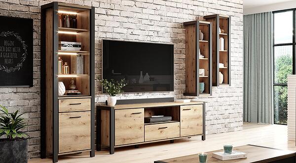 Витрина Актив с 1 врата, 1 чекмедже и 4 ниши дъб таурус и черен мат-Copy