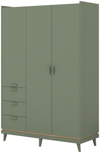 Гардероб Сканди с 3 врати и 3 чекмеджета избелен зелен мат и маслен дъб