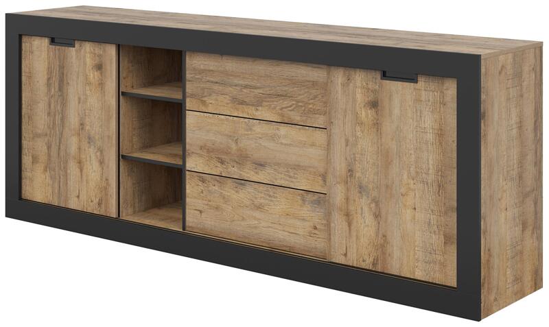 Скрин Тюдор с 2 врати плъзгащи, 3 чекмеджета и 3 ниши дъб самдал и черен мат