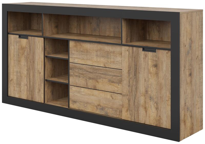 Комод Тюдор с 2 плъзгащи врати, 3 чекмеджета и 6 ниши дъб самдал и черен мат