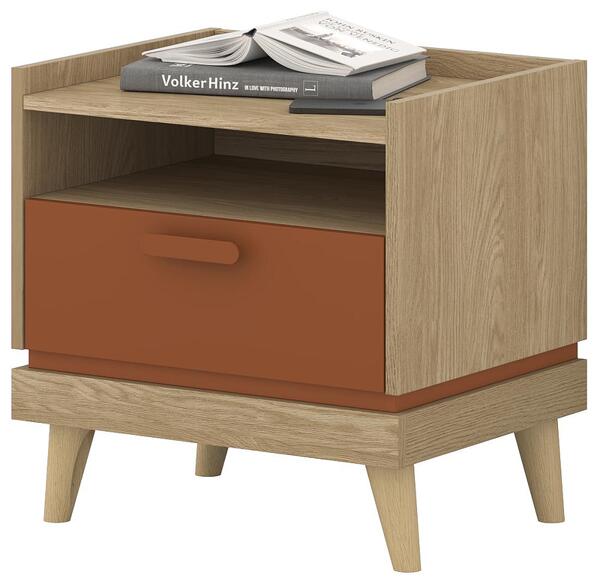 Нощно шкафче Сканди с 1 чекмедже и ниша маслен дъб и брик