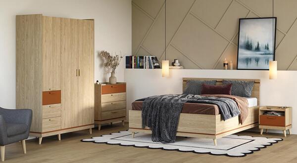 Спален комплект Сканди с избор на размер на легло и повдигащ механизъм маслен дъб и брик
