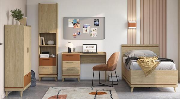 Модулна комбинация за младежка стая Сканди с избор на легло с или без повдигащ механизъм маслен дъб и брик