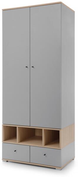 Гардероб Оро с 2 врати, 2 чекмеджета и 3 ниши дъб бискит и сив мат