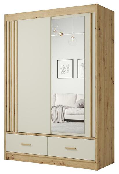 Гардероб Невада с 2 плъзгащи врати с огледало и чекмеджета дъб артизан и кашмир мат с дължина 150 и 200 см