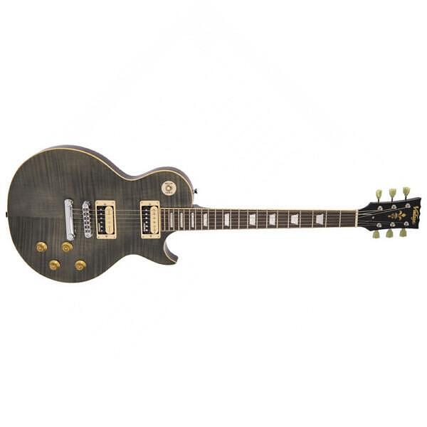 Vintage V100TBK Reissued Series Guitar, Flamed Thru Black