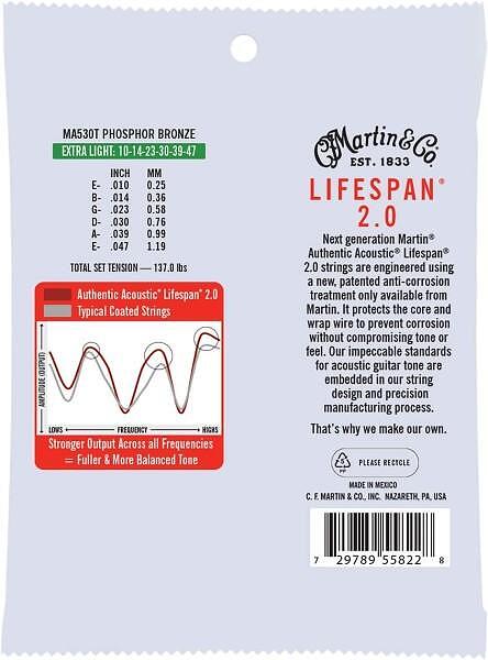 Martin MA530T Authentic Acoustic Lifespan 2.0 Strings, Phosphor Bronze, Extra Light .010-.047"