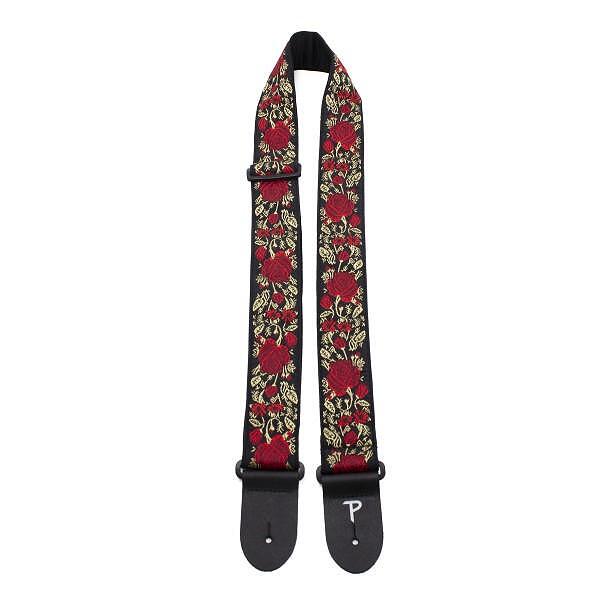 Perri's 2” High Quality Jacquard Guitar Strap, Red/Gold Roses On Black