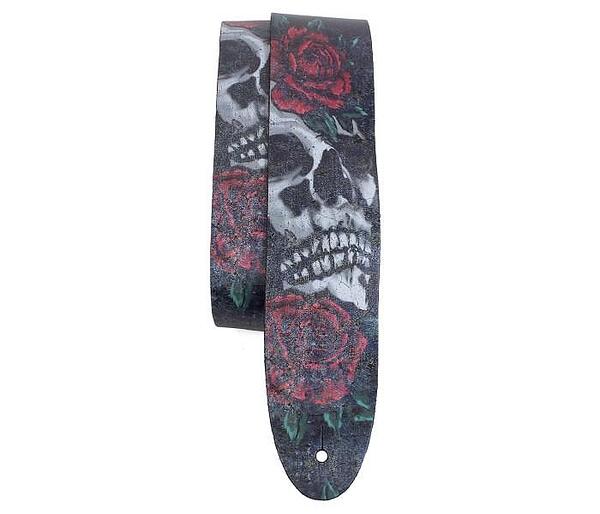 Perri's 2.5" Direct To Leather Printed Guitar Strap, Skull And Roses Distressed