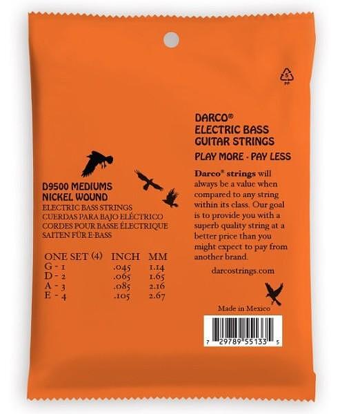 Darco D9500 Electric Bass Guitar Strings, 4-String Nickel Wound, Medium .045-.105"