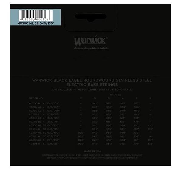 Warwick Black Label Bass String Set, Stainless Steel, 5-String, Low B, Medium Light, 040"/130"