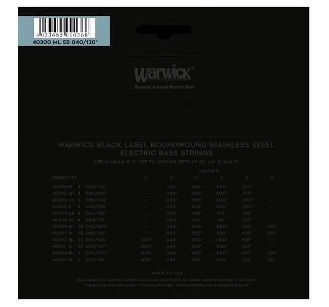 Warwick Black Label Bass String Set, Stainless Steel, 5-String, Low B, Medium Light, 040"/130"