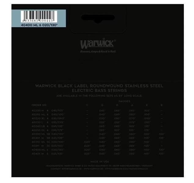 Warwick Black Label Bass String Set, Stainless Steel, 6-String, Medium Light, 020"/130"