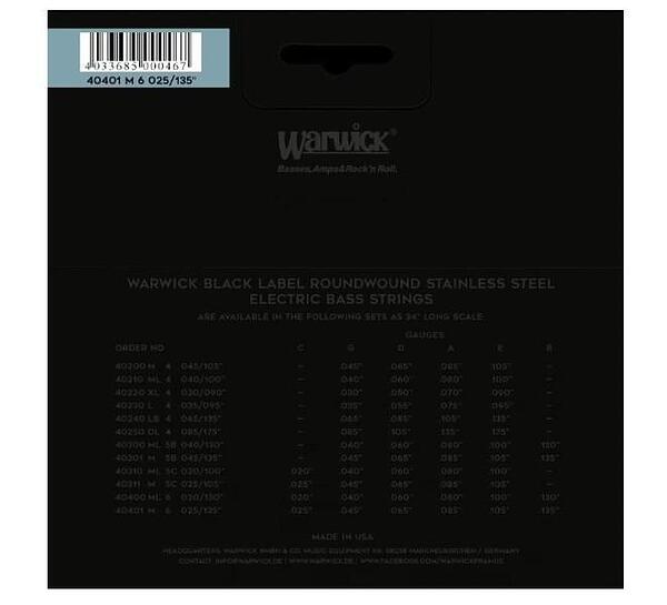 Warwick Black Label Bass String Set, Stainless Steel, 6-String, Medium, 025"/135"